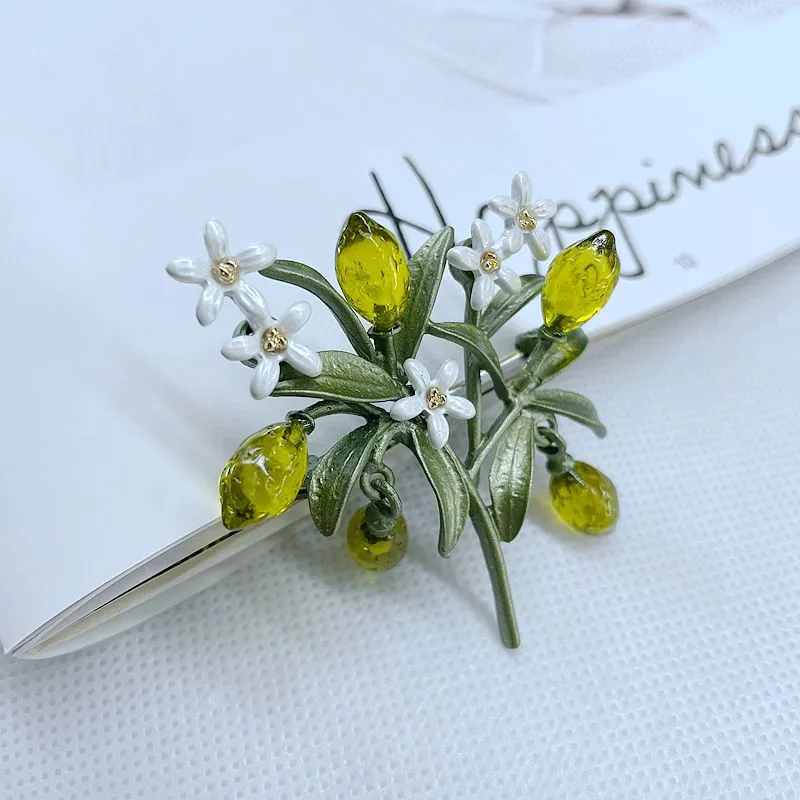 Fashion Elegance Lemon Brooches Flower Leaf Fruit Orange Blossom Corsage For Women